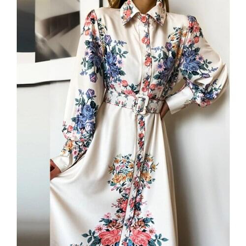 Women Dress Autumn Elegant Floral Printed Turn-down Collar Long Maxi Dresses 2021 Vintage Long Sleeve Womens Clothes