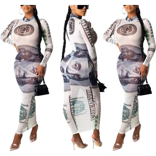 5 Colors Trendy Fashion Women Sexy Mesh Sheer Dress Long Sleeve Trendy Print See Through Bodycon Maxi Dress Outfits Plus Size