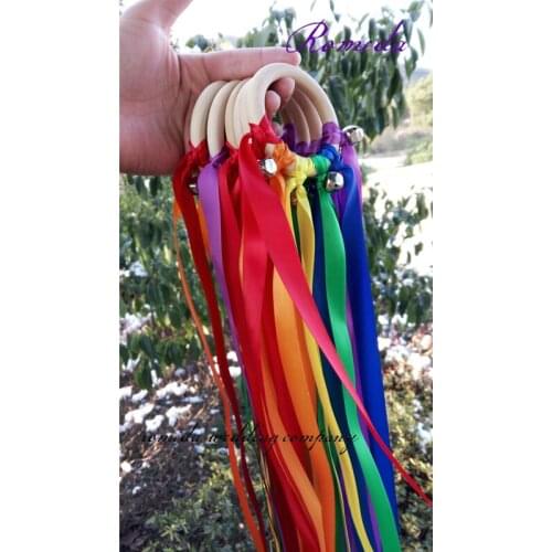 10pcs/lot Rainbow Color Wooden Ring With Bell Birthday Party Favors