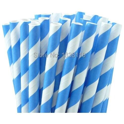 100pcs Blue Striped Bio-degradable Paper Straws Party Decoration Supplies On Sale