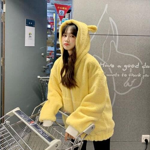 2021 Autumn Winter Japanese Cute Bear Lamb Plush Jacket Female Yellow Loose Clothes Women Clothing Oversized Ladies Coats Kawaii