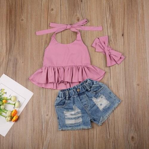 Pudcoco 3Pcs Summer 1-6Y Kids Girls Sleeveless Halter Blouse Tops+Denim Shorts Pants+Headwear Toddler Baby Clothing Outfits Sets