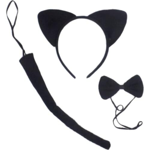 Kids 3Pcs Animal Cosplay Costume Set Cat Ears Plush Headband Long Tail Bow Tie C1FE