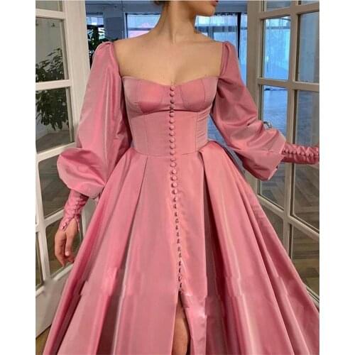 Gy Romance Rose Pink Taffeta A Line Evening Dress Long Puffed Sleeves Sweetheart Delicate Buttons Front Slit Prom Gown Verngo