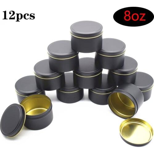 12 Pcs 8oz Round Black Gold Metal Candle Tins Can Round Aluminium Candle Jars Empty Containers Wholesale