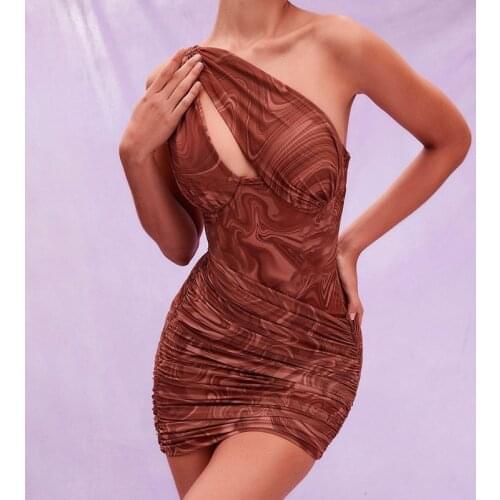 Printed Summer Womens Dress Sexy Sloping Shoulder Hollow-out Back Drape Slim Body Thin Hip Wrap Mini Dress Holiday Nightclub