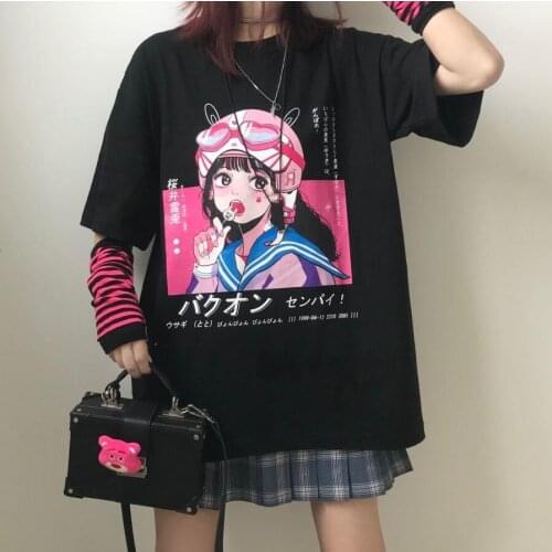Harajuku Style Summer New Black Short-sleeved T-shirt Women 2021 Japanese Anime Print T-shirt Loose Student JK Girl Goth Tops
