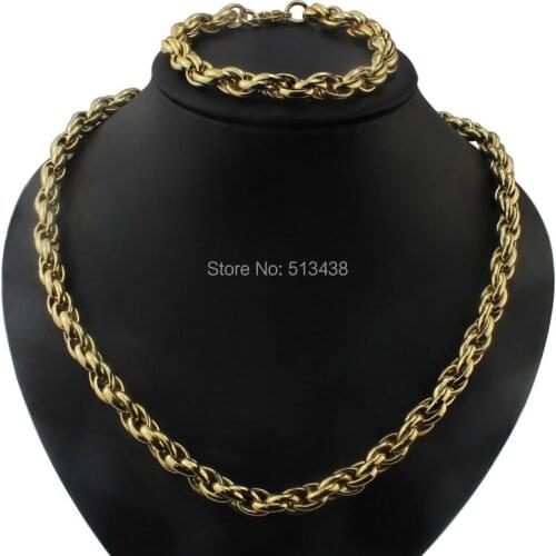 Best Jewelry Set Gold Stainless Steel Mens Rope Link Chain Necklace & Bracelet Set 9mm