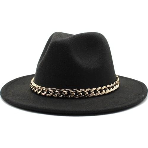 Fashion Top Hats European American Big Chain Fedoras Fuax Woolen Brim Felt Cap Jazz Men Women Hat