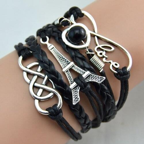 Fashion jewelry leather Double infinite tower heart multilayer bracelet factory price wholesales