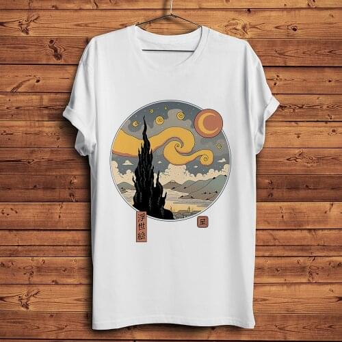 Vintage Japan Ukiyoe style Starry Night funny t shirt homme new white short sleeve men casual tshirt unisex streetwear tee
