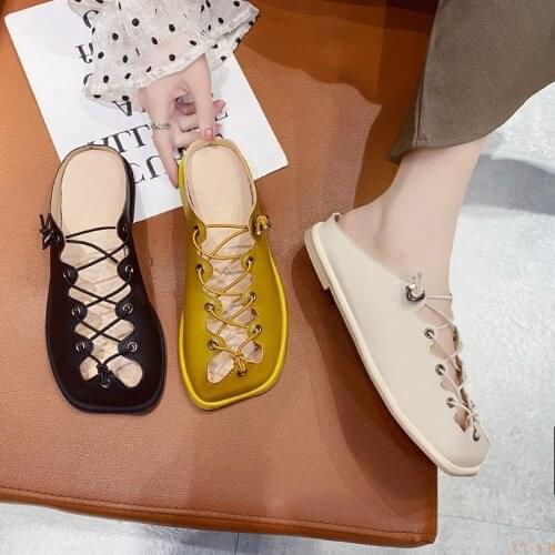 New Summer Ladies Hollow Lace-up Flat Slippers zlah Sandals Womens Casual Flat Elastic Rope Loafers Lazy Slippers Womens Shoes