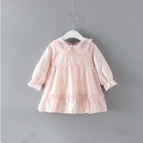 Baby Girls Clothes Floral Embroidery Peter Pan Collar Lantern Sleeve Baby Dress Party A-line Dresses 0-2Y