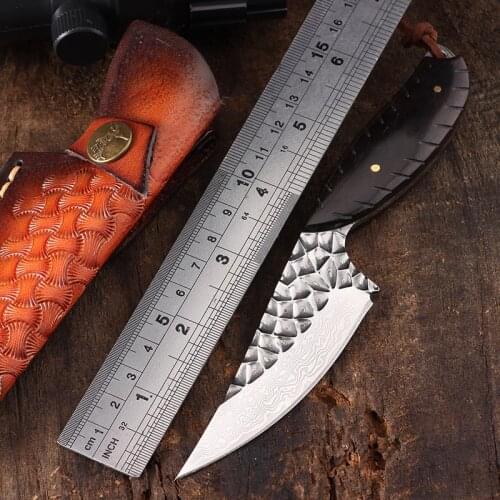 Damascus Steel Rosewood Handle Outdoor Hunting Knife High Hardness Forging Straight Fixed Blade Gifts Knives Wholesale