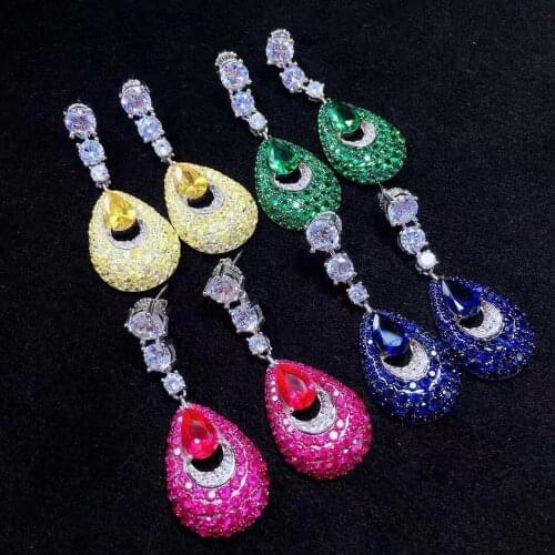 Feather of peacock shape water drop shape drop earring 925 sterling silver with cubic zircon green yellow blue rose red color