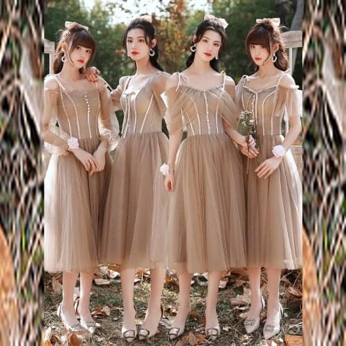 Bridesmaids Dresses Illusion Short V-Neck A-Line Tulle Spaghetti Straps Button Knee-Length Luxury Women Wedding Party Gown E676