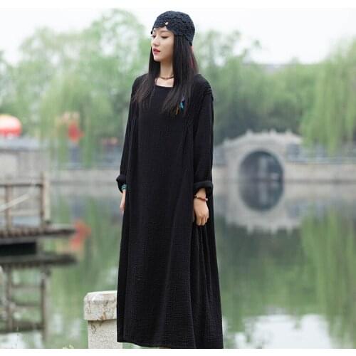 Women Summer Autumn Solid Color Cotton Linen Wrinkle Dress Ladies Robe Dress Female 2021 Dress