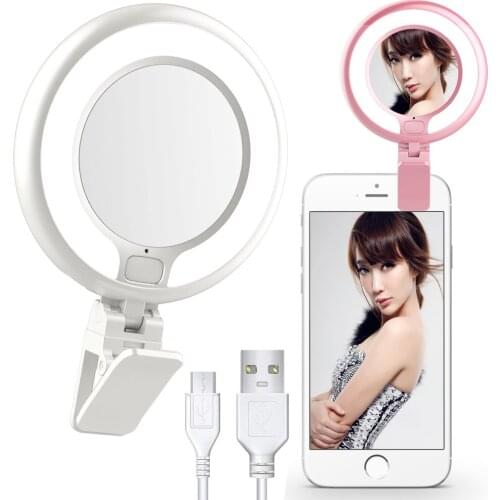 Portable 4 Level Adjustable LED Selfie Fill Ring Light with Phone Clip&Makeup Mirror USB Charge for Live Stream Tiktok Camera