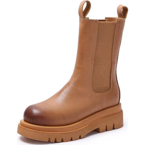 RASMEUP Stretch Womens High Boots 2020 Genuine Leather Fashion Women Autumn Round Toe Ladies Platform Fashion Footwear