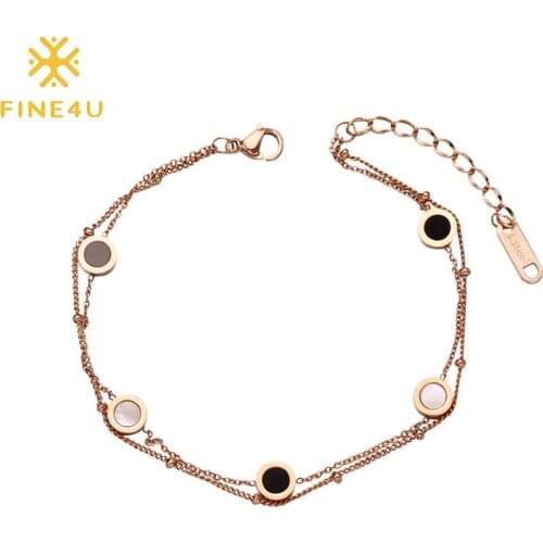 FINE4U B429 Adjustable Dainty Layered Titanium Chain Bracelet Round White Shell Charm Bracelet for Women Girls
