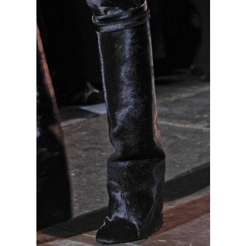 Hot Women Knee High Suede Leather Wedges Boots Celebrity Ladies Metal Lock Buckle Horse Hair Riding Boots Slip-on Knight Boots