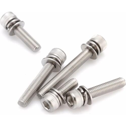 M6 20Pcs 10/12/14/16/20/25/30-40mm 304Stainless Steel 3 in 1 Hexagon Socket Head Cap Screws Hex Socket Screw Metric Bike Screw