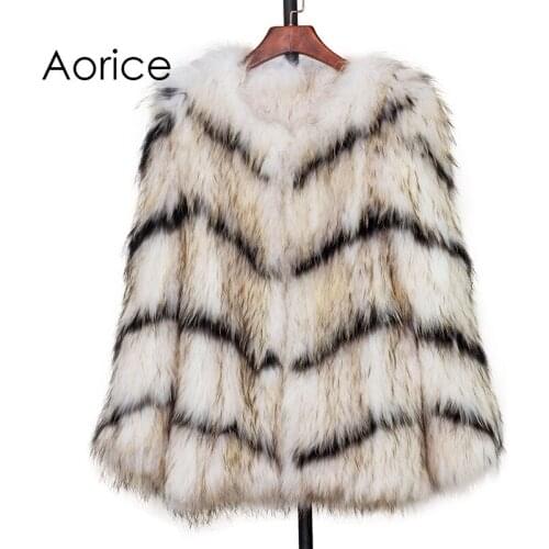 CT7003 New Knitted Raccoon Fur Coat Full Sleeve Raccoon Fur Jacket Wavy Lines White And Black Real Fur Coat