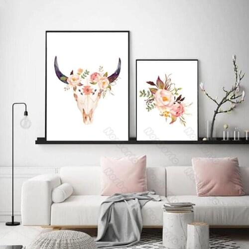 Modern Canvas Painting Wall Posters Hand-Painted Watercolor Bull Skull-Shaped Wreath and Flowers for Home Rooms Wall Decoration