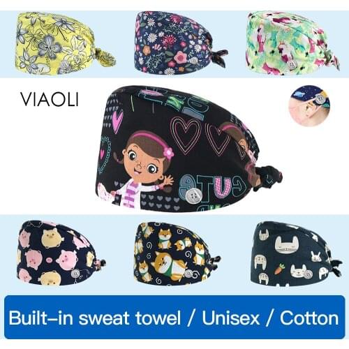 Viaoli High Quality cartoon printing Scrubs Caps Breathable cotton Adjustable Scrubs women Cap Button work hats Male and female