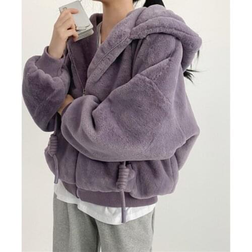 Women Winter Warm Plush Coat Jacket Loose Hooded Jacket Winter Female New Fashion Outwear Solid Color Zipper Hoodie Parka Coat