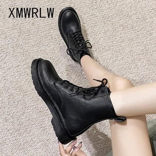 XMWRLW PU Leather Ankle Boots For Women Spring Autumn Shoes Casual Lace up Female Flat Boots Women Ankle Boot Autumn Shoes