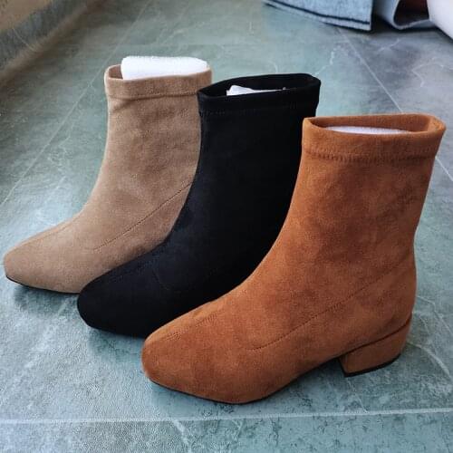 INS HOT Women ankle Boots plus size 22-26.5cm stretch boots casual flock Pigskin lining insole women boots 3 colors available
