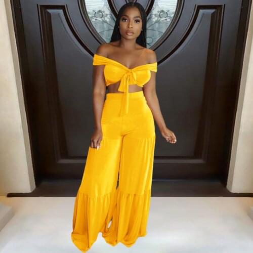 Wsevypo Women’s Summer Velvet Two Piece Suits Fashion Solid Color Off-shoulder Bow Knot Wrap Crop Tops and Wide Leg Pants Sets