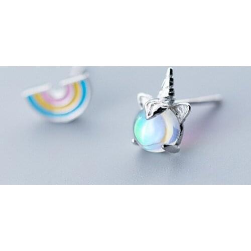 925 Sterling Silver Asymmetric Rainbow Unicorn Stud Earring For Women Wedding Gift Ear Pierced Earrings Fashion Jewelry eh1133