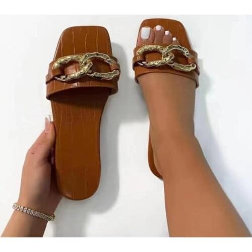 2021 New Brand Women Slipper Square Toe Metal Chain Design Slides Flat Heel Ladies Sandal Summer Outdoor Beach Flip Flop 36-43