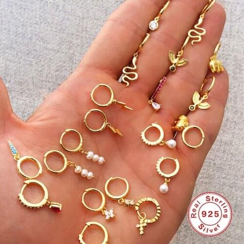 GS 925 Sterling Silver Imitation Pearl Beads Pendant Drop Earrings For Women Zircon Snake Lightning Bolt Charm Circle Earrings