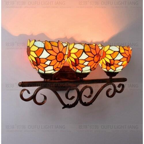 American Pastoral sunflower European Tiffany color glass mirror wall lamp decorative aisle lamp