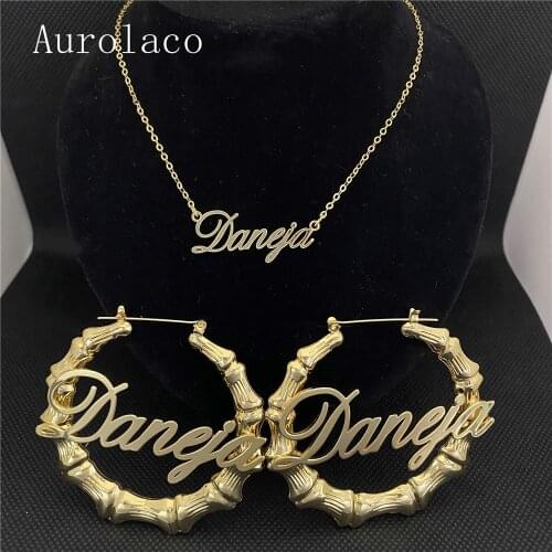 AurolaCo Custom Jewelry Set New Ladies Hoop Earrings Custom Name Earrings Gold Bamboo Earrings Holiday Gifts