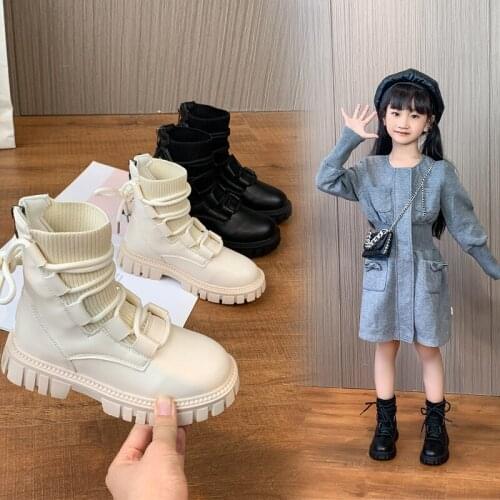 New Cross-tied Children Fashion Boots Solid PU Knit Chunky Mid-Calf Shoes For Children Soft Not Soft Zipper Girls Boots