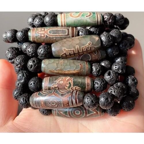 Natural Stone Bracelet Fengshui Ruyi Dragon Eyes Agat Charm Black Lava Strand Tibetan Dzi Bracelet Reiki Healing Male Women