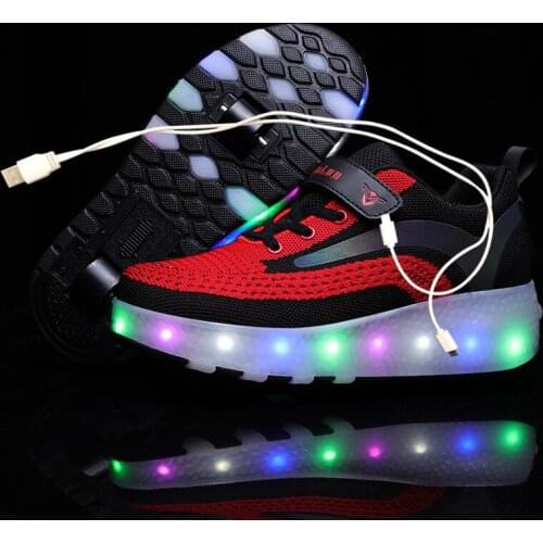 Children One Two Wheels Luminous Glowing Sneakers Gold Pink Led Light Roller Skate Shoes Kids Led Shoes Boys Girls USB Charging
