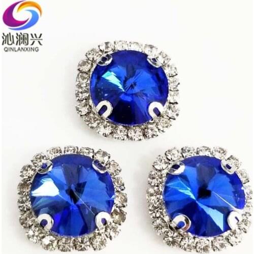 Round shape top glass crystal rhinestones with hole,Light blue Silver bottom sew on stone for Diy Clothing accessories SWWK12