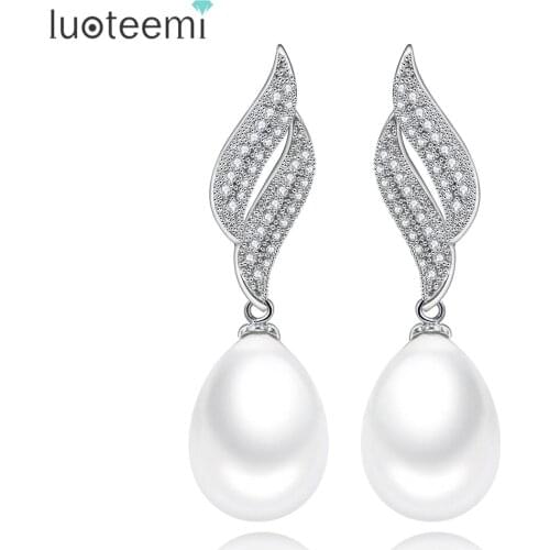 LUOTEEMI Fashion Bridal Simulated White Water Drop Pearl Earrings Cubic Zirconia Silver-color Elegant Brincos Jewelry 2017