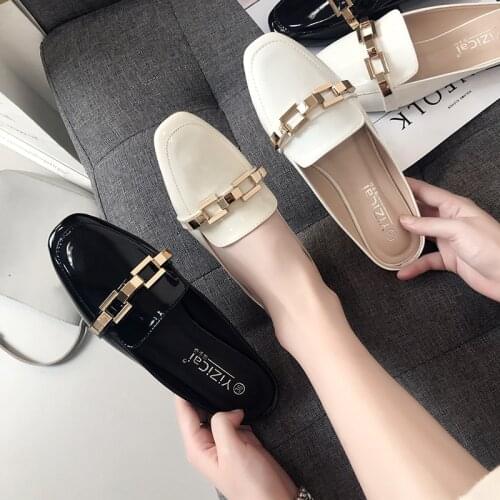 Size 40 41 japanned leather babouche mujer sandalias metal chains ornament lazy classical design slides summer mules shoes