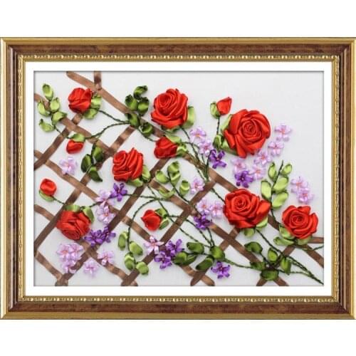 Red rose flower Ribbon embroidery kit love oath canvas paint handcraft stain DIY handmade needlework wall art decor gift idea