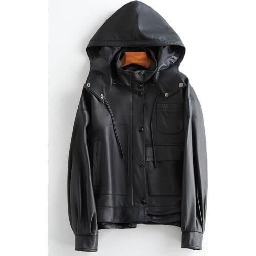 Nerazzurri Spring Oversized leather jacket women with detachable hood many pockets long sleeve faux leather jackets for women
