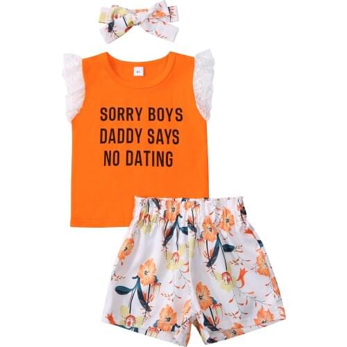 New Girl Kid Child Clothing Sets Lace Letter Sleeveless Top Floral Shorts Headband Clothes Summer Casual 2Pcs Outfit