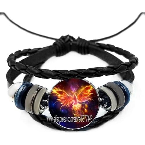 Evil Phoenix Charm Glass Cabochon Leather Man Bracelets Devastating Animal Layers Weave Handmade Punk Black Bracelets