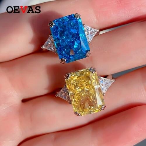 OEVAS 100% 925 Sterling Silver Sparkling 10*14mm Aquamarine Topaz High Carbon Diamond Rings For Women Wedding Party Fine Jewelry
