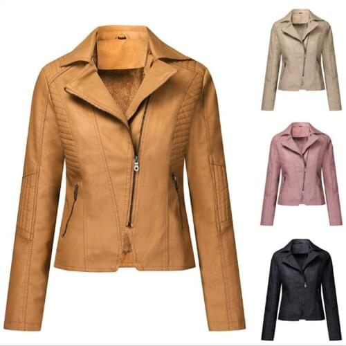 Autumn Fashionable Women Imitation Leather PU Jacket With Plush Oblique Zipper Short Outerwear Casual And Fresh Sweet Small Coat